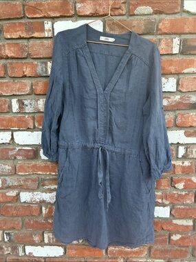 Slate Blue Linen V-Neck Tunic Dress Italy 0039